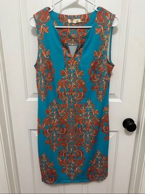 Aryeh Turquoise Sleeveless Dress with Orange Damask Print women’s medium